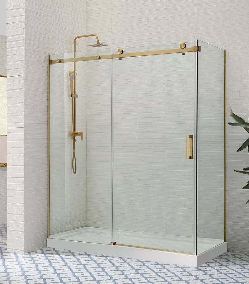 Square / L Shape Sliding Door Brushed Gold Frameless Shower Screen