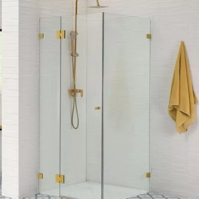 Square & L-Shape Frameless Pivor Door Frameless Shower Screen - Brushed Gold Fittings