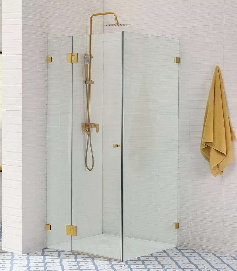 Square / L Shape Brushed Gold Frameless Shower Screen