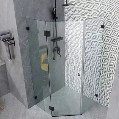Diamond-Shaped Frameless Pivot Door Shower Screen – Matt Black Fittings