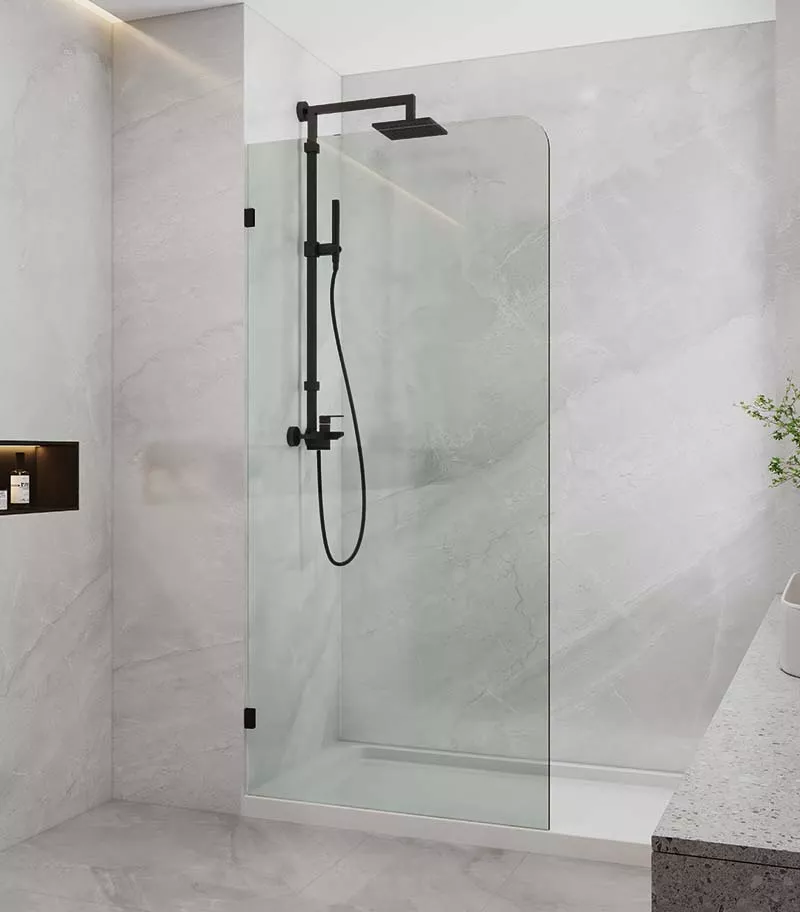 Frameless Single Shower Screen Panel With Curved Corner - Matt Black Fittings