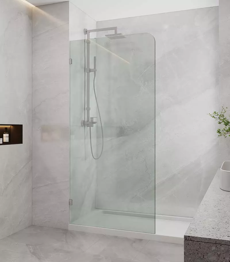 Frameless Single Shower Screen Panel With Curved Corner - Brushed Nickel Fittings