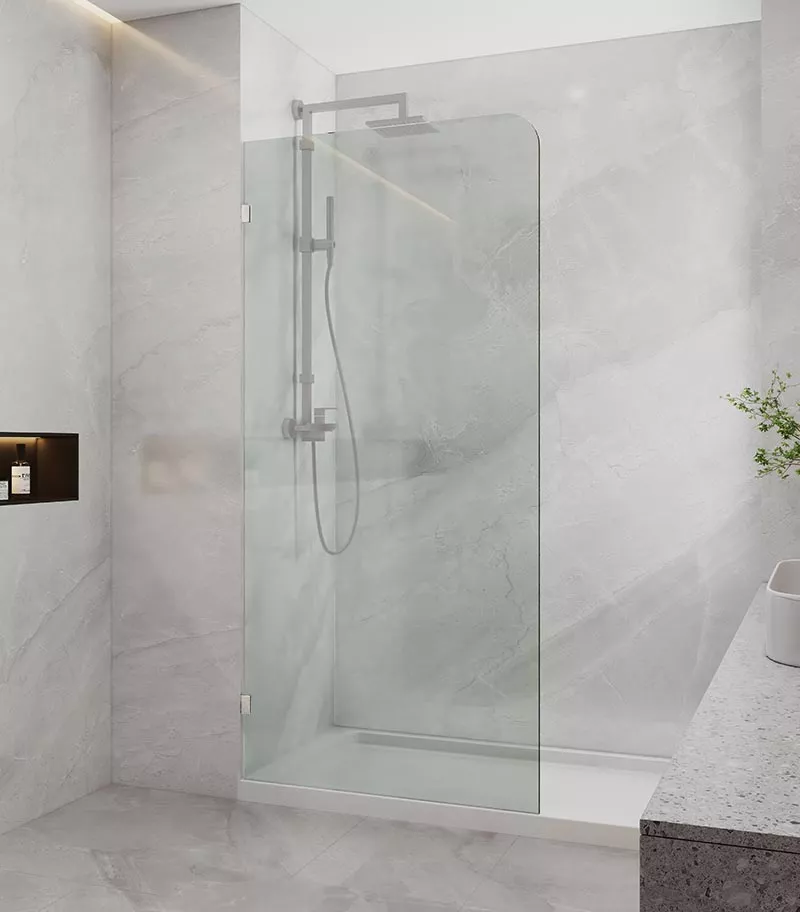 Frameless Single Shower Screen Panel With Curved Corner - Chrome Fittings
