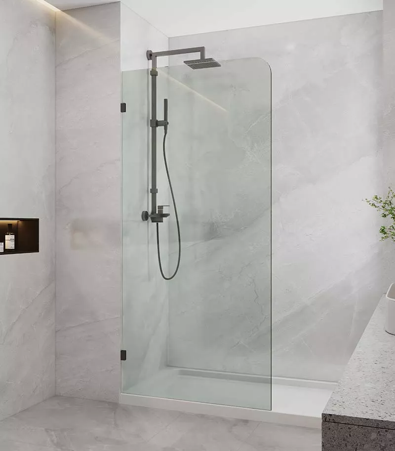 Frameless Single Shower Screen Panel With Curved Corner - Gunmetal Grey Fittings