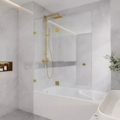10mm Glass Fixed & Swing Panels Hinged Bath Screen - Brushed Gold