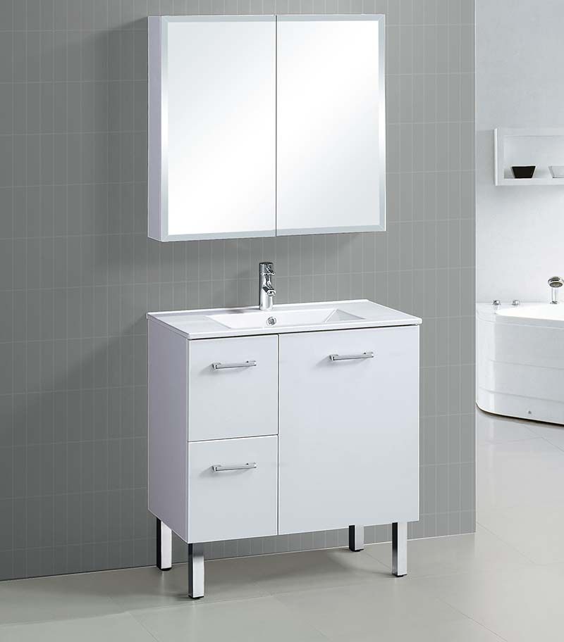 Reno 2 Ceramic Top 750mm Freestanding Vanity - Gloss White - LH Drawers