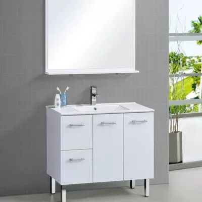 Reno 2 Ceramic Top 900mm Freestanding Vanity - Gloss White - LH Drawers