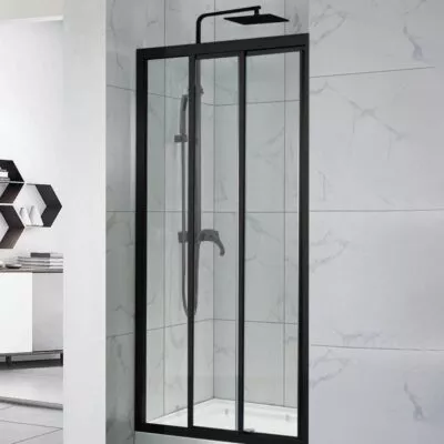 Framed Sliding Three Panel Doors Wall to Wall Shower Screen - Matt Black Fittings