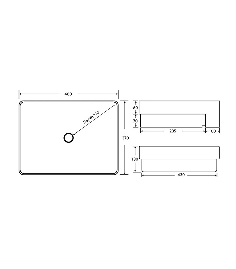 480 x 370 x 130mm Semi-Recessed Ceramic Basin No Tap Hole - Gloss White Specification