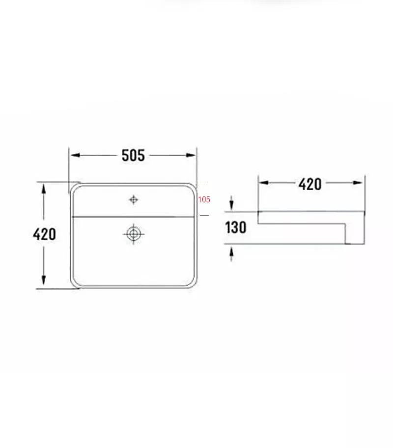 505 x 420 x 130mm Semi-Recessed Ceramic Basin - Gloss White Specification