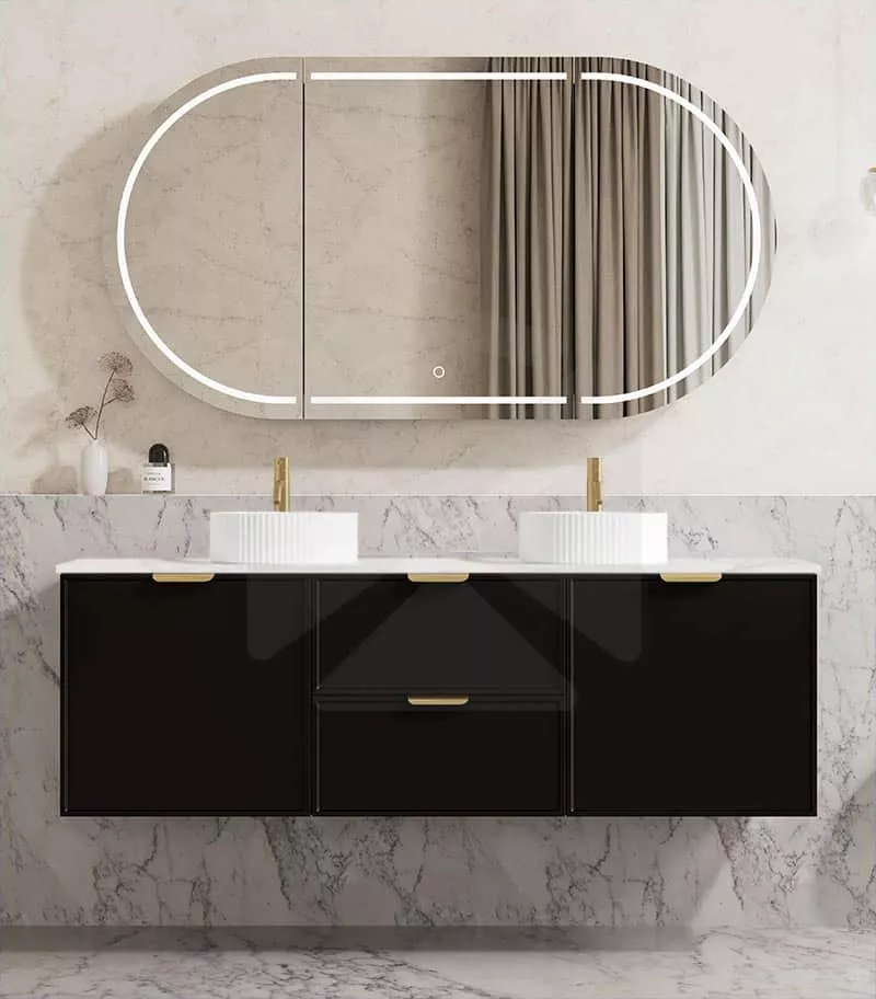 Madura 1500mm Double Bowl Wall Hung Vanity – Matt Black with Stone Top