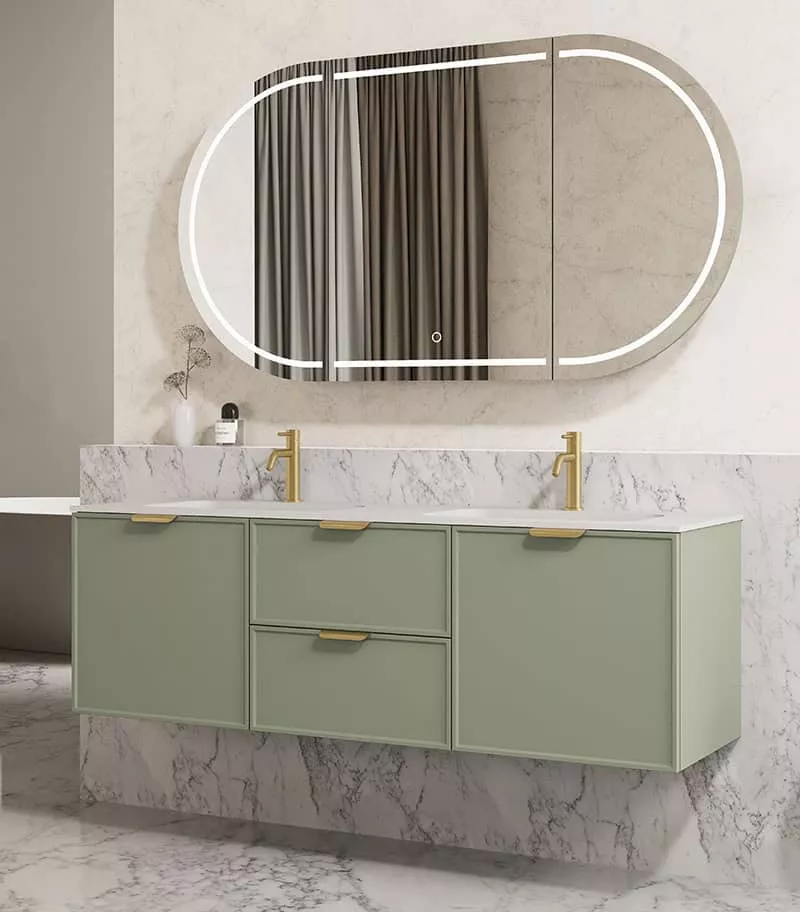 Madura 1500mm Double Bowl Wall Hung Vanity – Matt Green with Sold Basin Top Madura 1500mm Double Bowl Wall Hung Vanity – Matt Green with Sold Basin Top