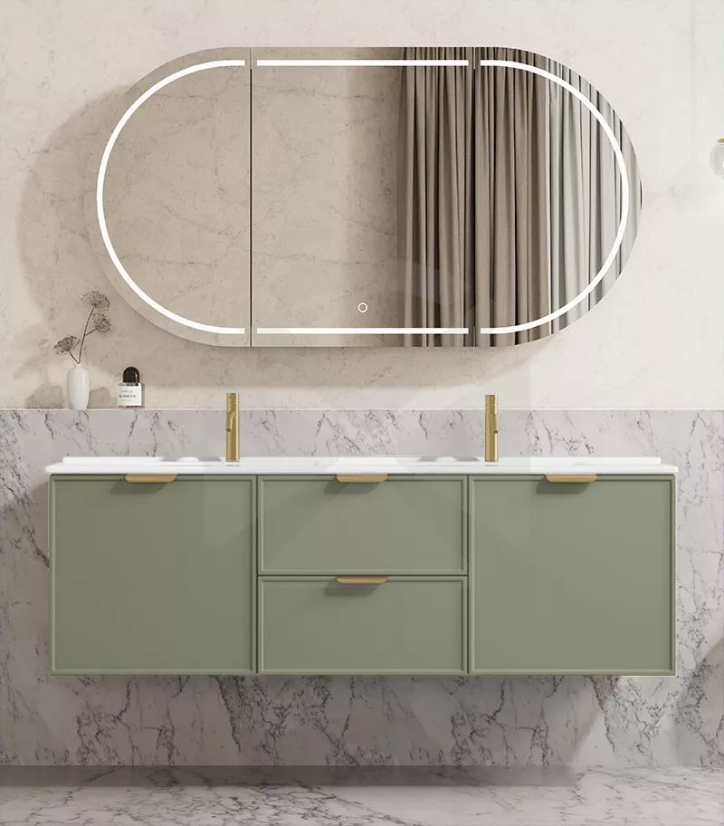 Madura 1500mm Double Bowl Wall Hung Vanity – Matt Green with Ceramic Top