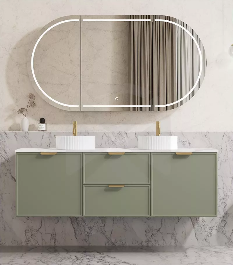 Madura 1500mm Double Bowl Wall Hung Vanity – Matt Green with Stone Top