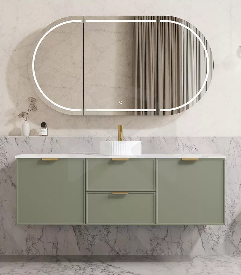 Madura 1500mm Single Bowl Wall Hung Vanity – Matt Green with Stone Top
