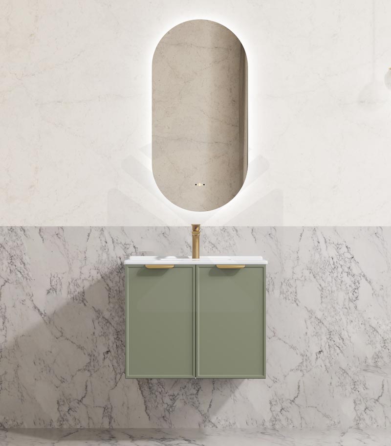 Madura 600mm Wall Hung Vanity - Matt Green With Ceramic Top