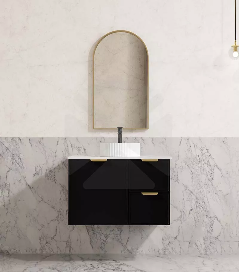 Madura 750mm Wall Hung Vanity – Matt Black with Stone Top RHD