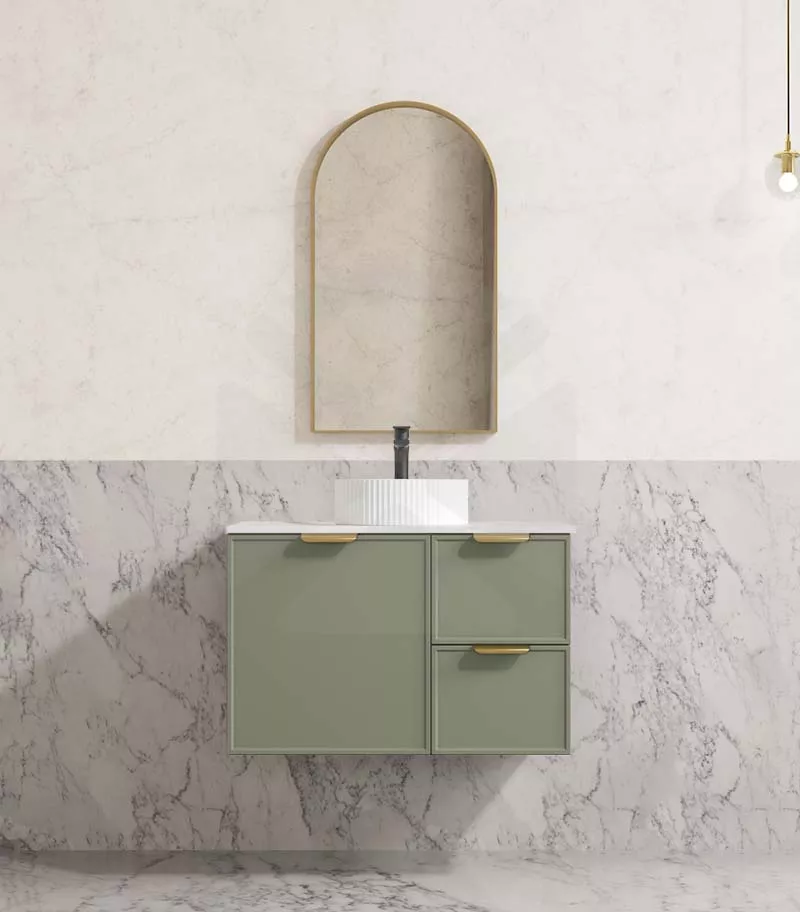 Madura 750mm Wall Hung Vanity – Matt Green with Stone Top RHD