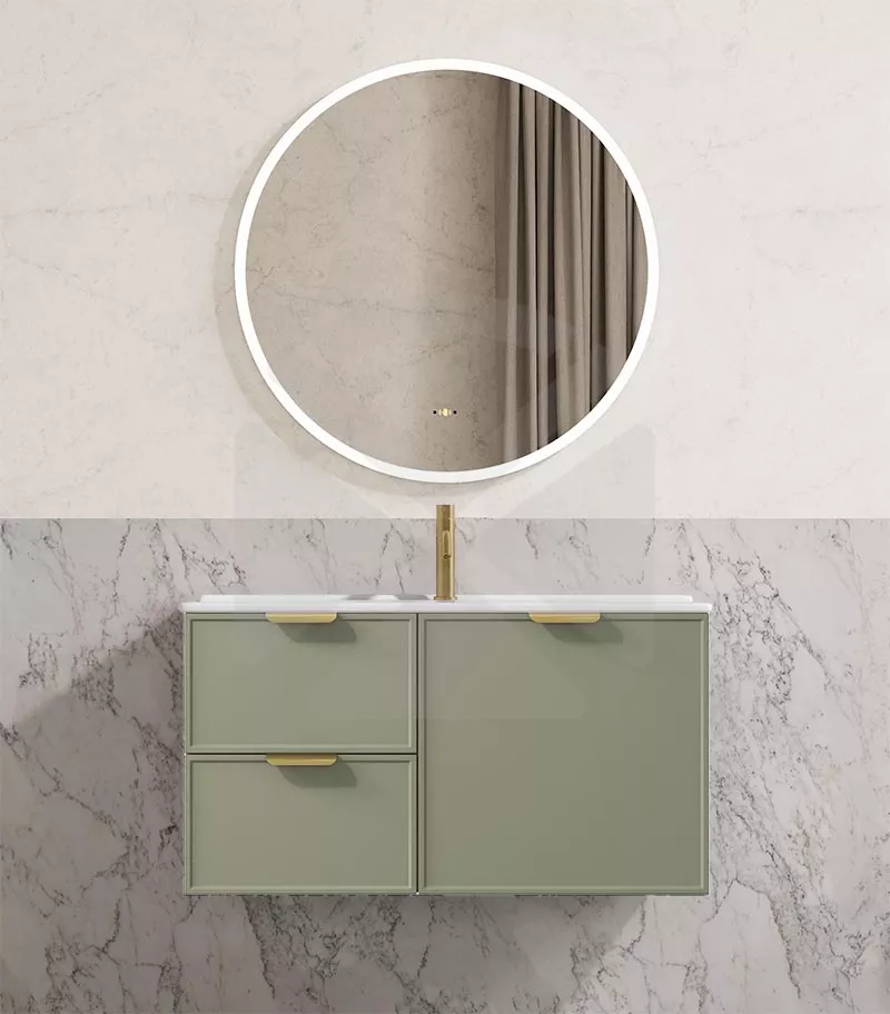 Madura 900mm Wall Hung Vanity – Matt Green with Ceramic Top LHD