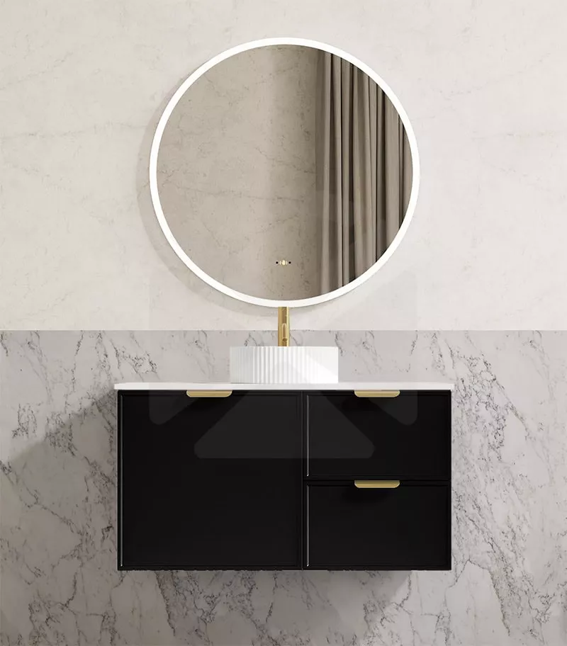 Madura 900mm Wall Hung Vanity – Matt Black with Stone Top RHD