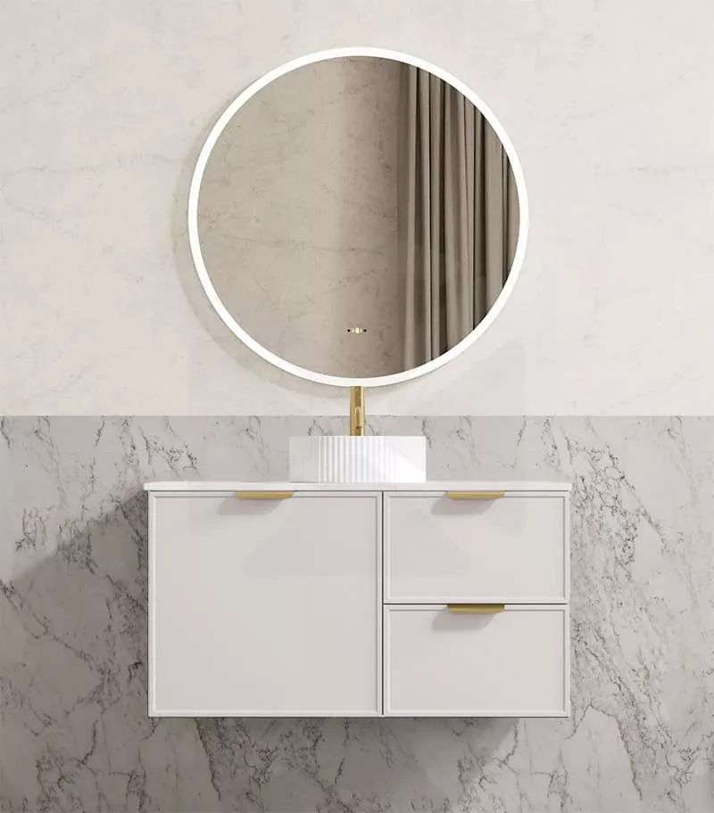 Madura 900mm Wall Hung Vanity – Matt White with Stone Top RHD