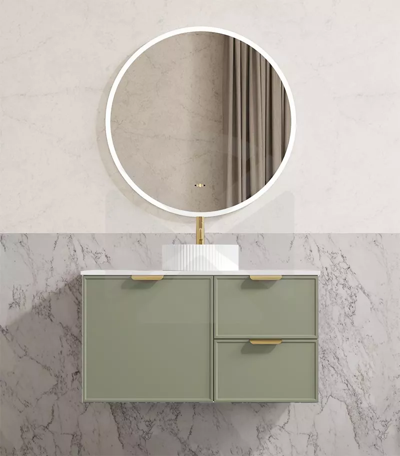 Madura 900mm Wall Hung Vanity – Matt Green with Stone Top RHD