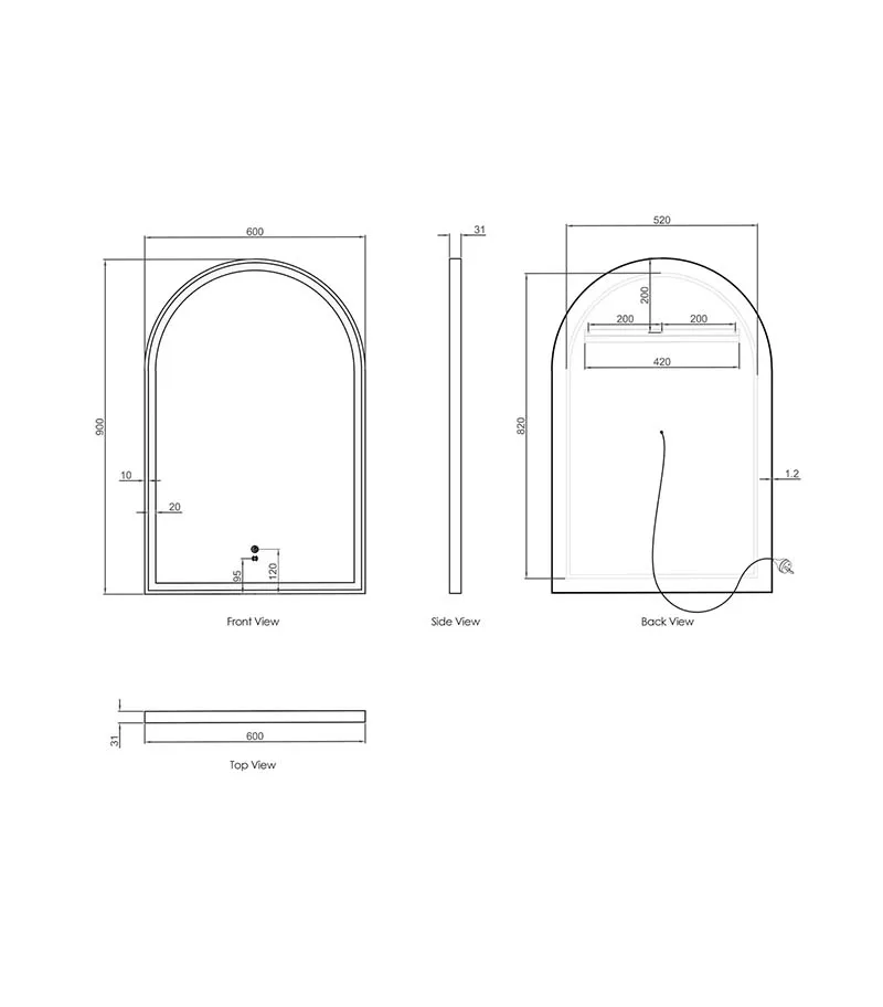 Archie 900mm x 600mm Metal Framed LED Mirror Specification