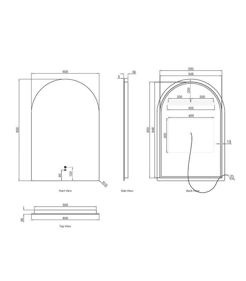 Archie 900mm x 600mm Frameless LED Mirror Specification