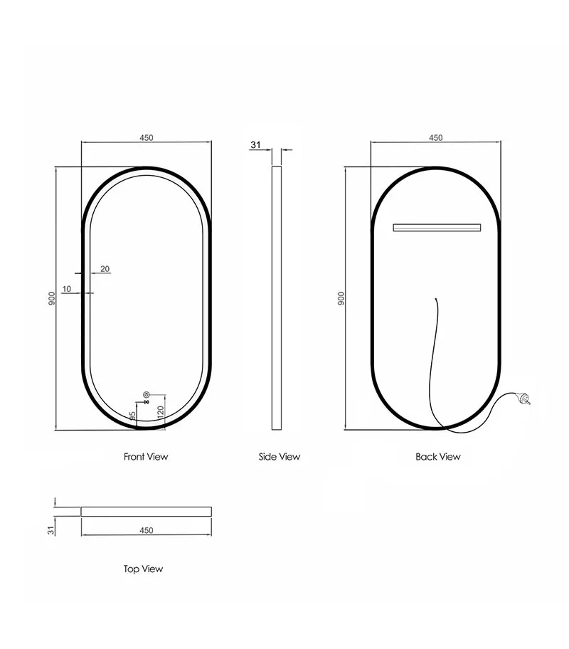 Noosa 450mm x 900mm Metal Frame Oval LED Mirror Specification