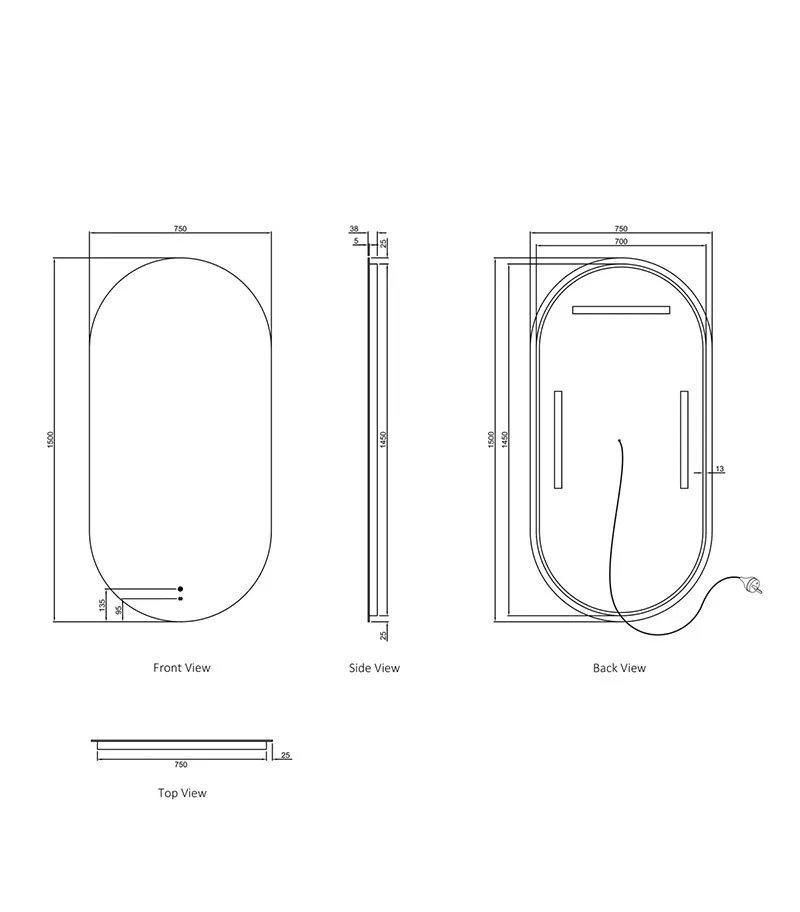 Noosa 750mm x 1500mm Frameless Oval LED Mirror Specification