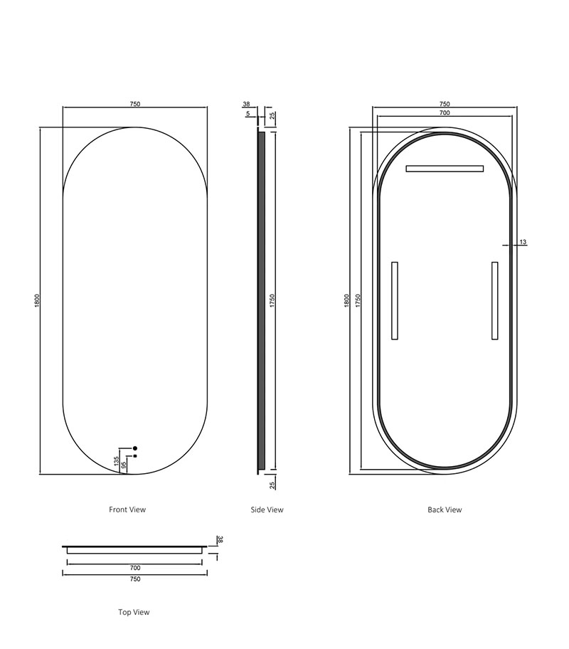 Noosa 750mm x 1800mm Frameless Oval LED Mirror Specification