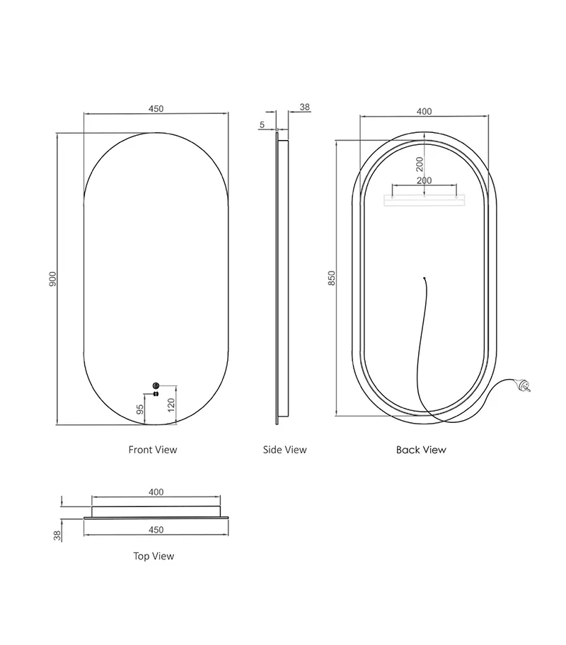 Noosa 450mm x 900mm Oval LED Mirror Specification