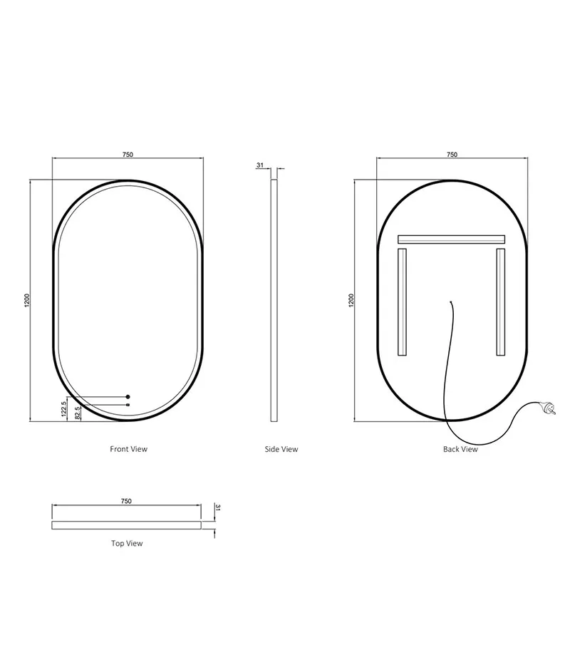 Noosa 750mm x 1200mm Metal Frame Oval LED Mirror Specification