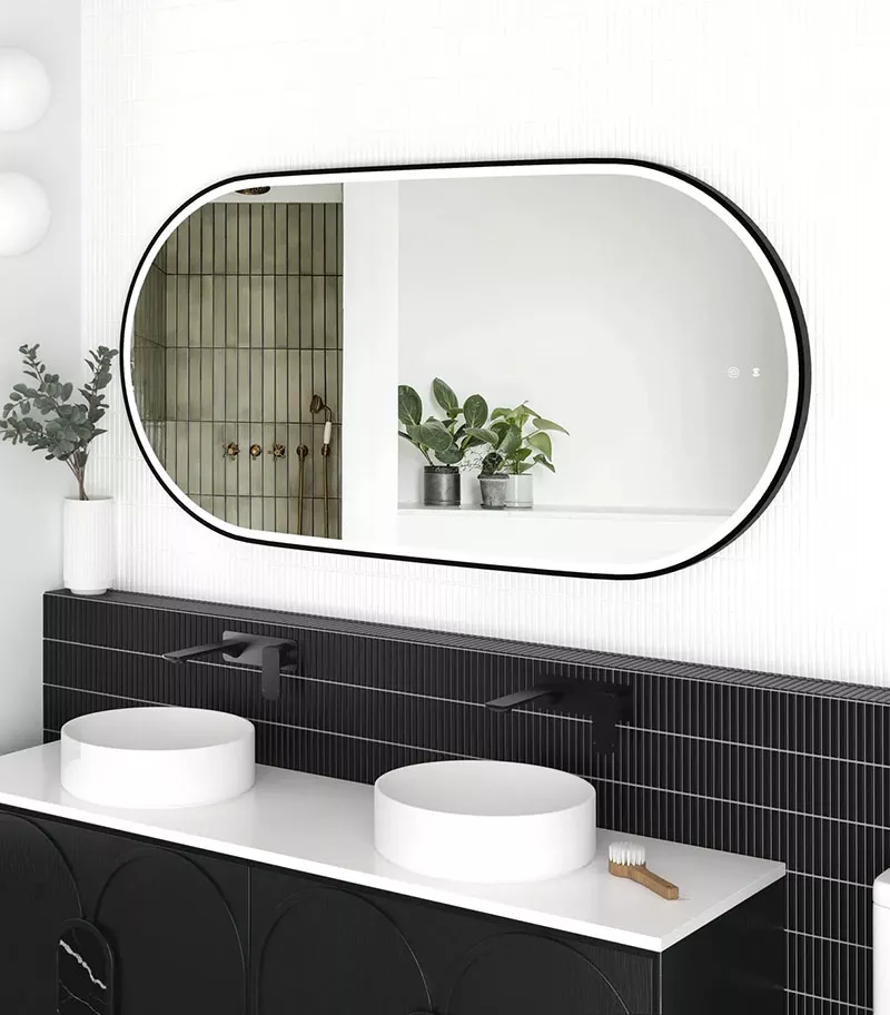 Noosa 750mm x 1500mm Matt Black Metal Frame Oval LED Mirror Side View Noosa 750mm x 1500mm Matt Black Metal Frame Oval LED Mirror Side View