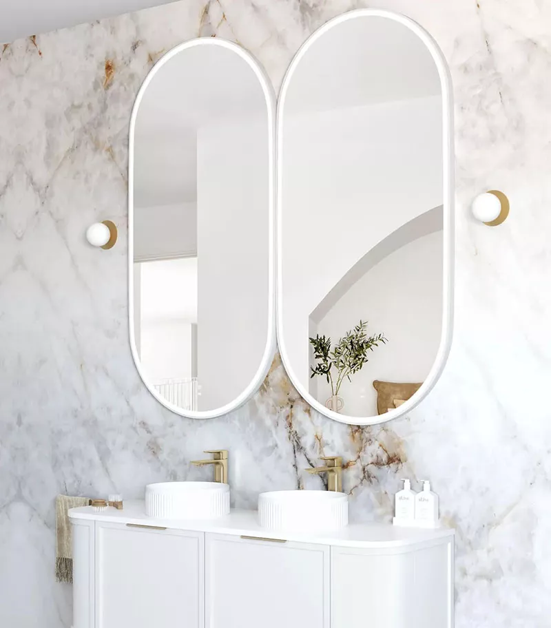 Noosa 750mm x 1500mm Matt White Metal Frame Oval LED Mirror Vertical View