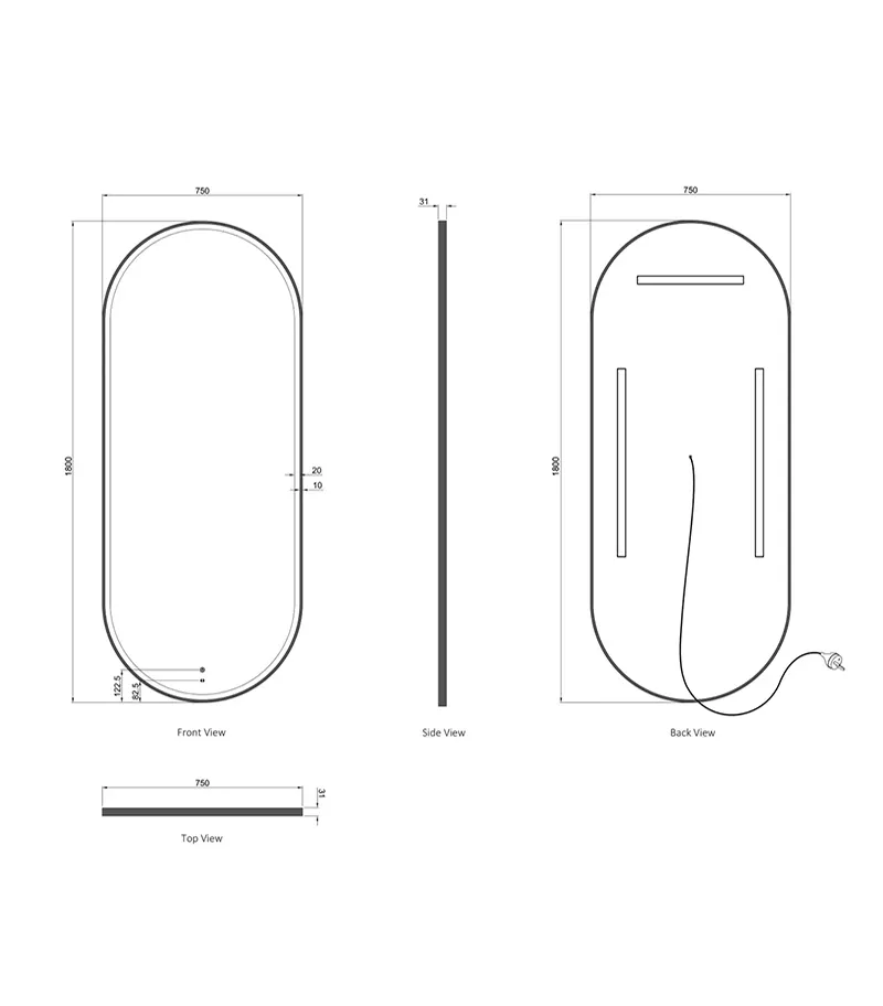 Noosa 750mm x 1800mm Metal Frame Oval LED Mirror Specification