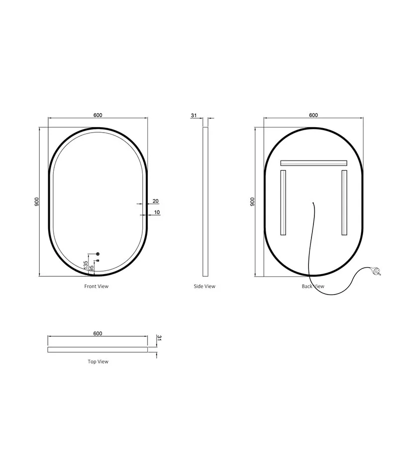 Noosa 600mm x 900mm Metal Frame Oval LED Mirror Specification
