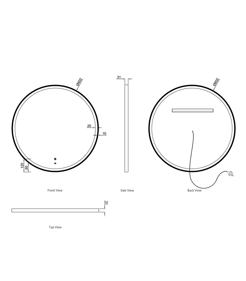 Bondi 800mm x 800mm Metal Framed Round LED Mirror Specification Bondi 800mm x 800mm Metal Framed Round LED Mirror Specification