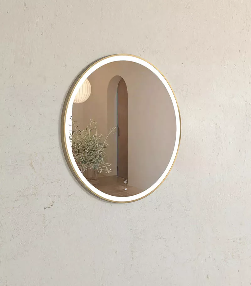 Bondi 800mm x 800mm Gold Metal Framed Round LED Mirror Side View