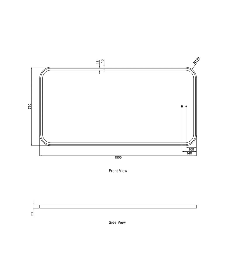Newport 750mm x 1500mm Metal Framed Soft Square LED Mirror Specification