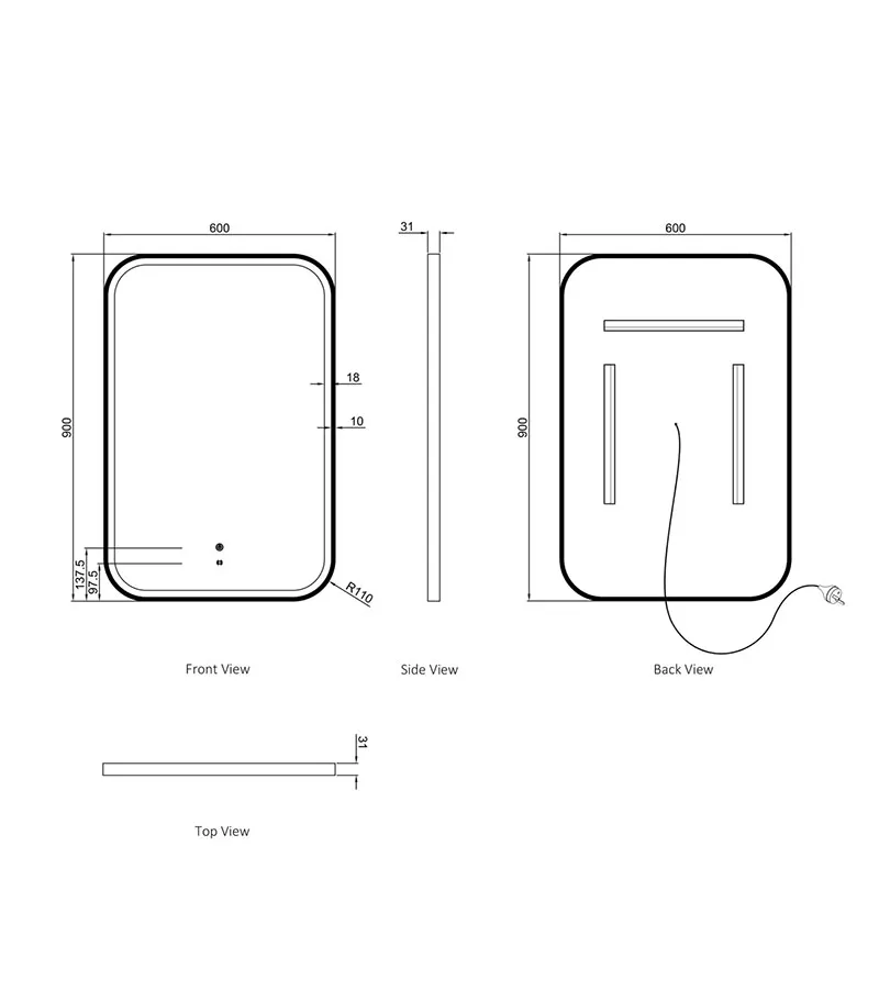 Newport 600mm x 900mm Metal Framed Soft Square LED Mirror Specification