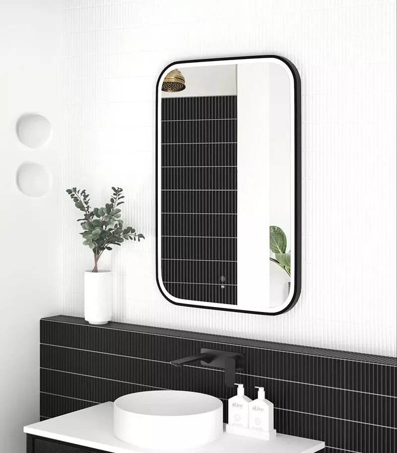 Newport 600mm x 900mm Matt Black Metal Framed Soft Square LED Mirror Vertical View