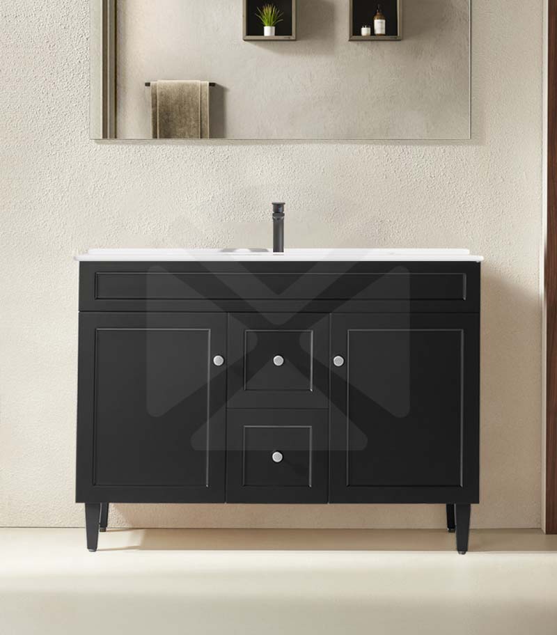 Harrington 1200mm Single Bowl Freestanding Vanity | Middle Drawers - Matt Black Ceramic Top