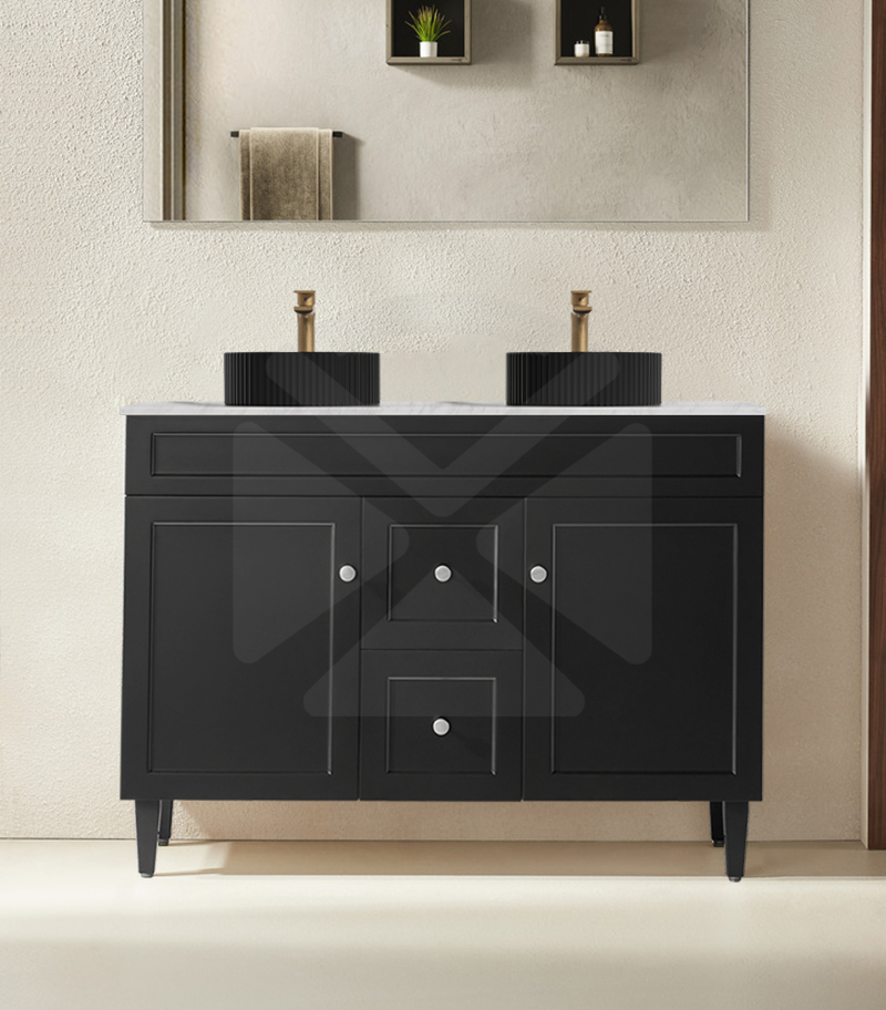 Harrington 1200mm Double Bowl Freestanding Vanity | Middle Drawers - Matt Black Marble Stone Top Harrington 1200mm Double Bowl Freestanding Vanity | Middle Drawers - Matt Black Marble Stone Top