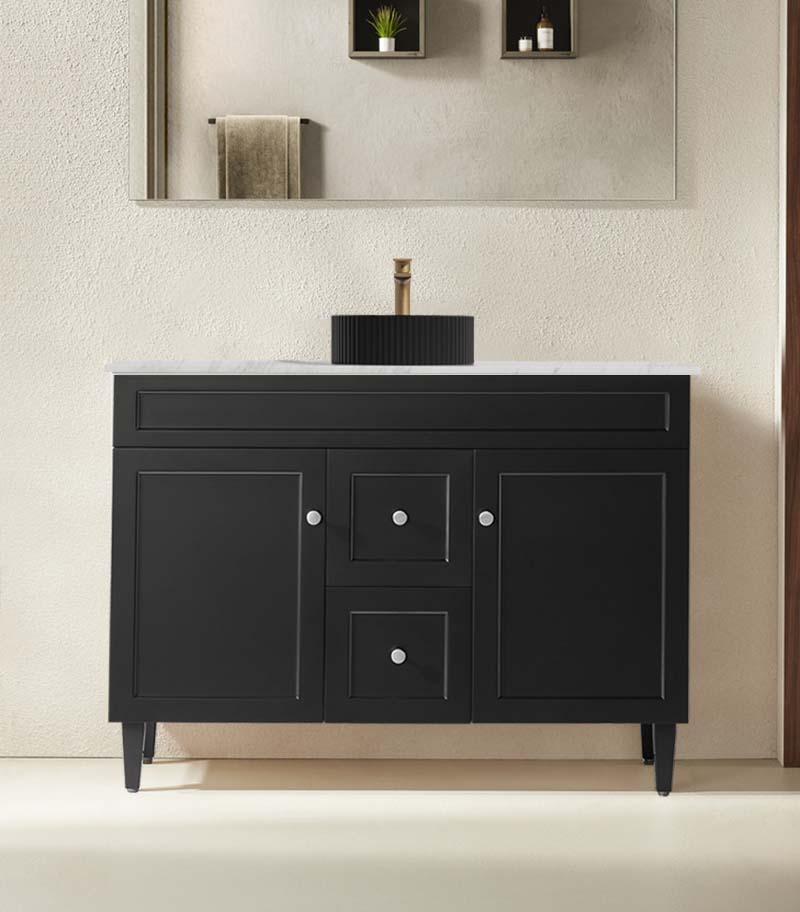 Harrington 1200mm Single Bowl Freestanding Vanity | Middle Drawers - Matt Black Marble Stone Top