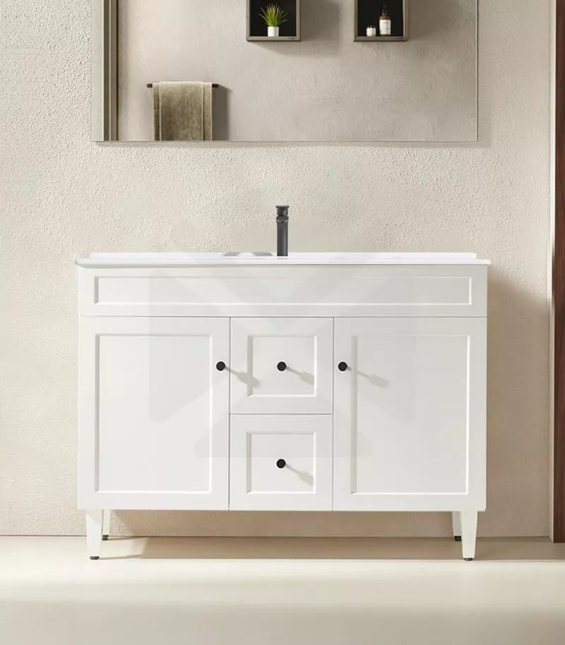 Harrington 1200mm Single Bowl Freestanding Vanity | Middle Drawers - Matt White Ceramic Top