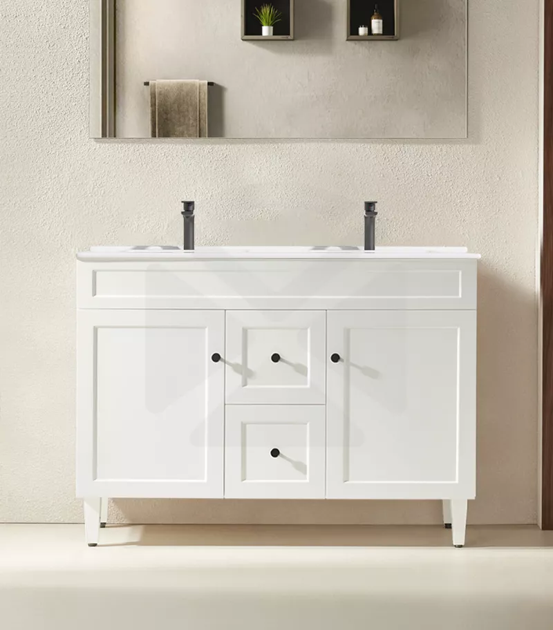 Harrington 1200mm Double Bowl Freestanding Vanity | Middle Drawers - Matt White Ceramic Top