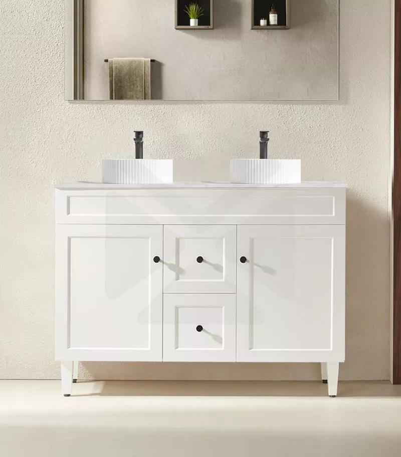 Harrington 1200mm Double Bowl Freestanding Vanity | Middle Drawers - Matt White Marble Stone Top