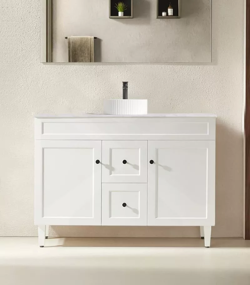 Harrington 1200mm Single Bowl Freestanding Vanity | Middle Drawers - Matt White Marble Stone Top