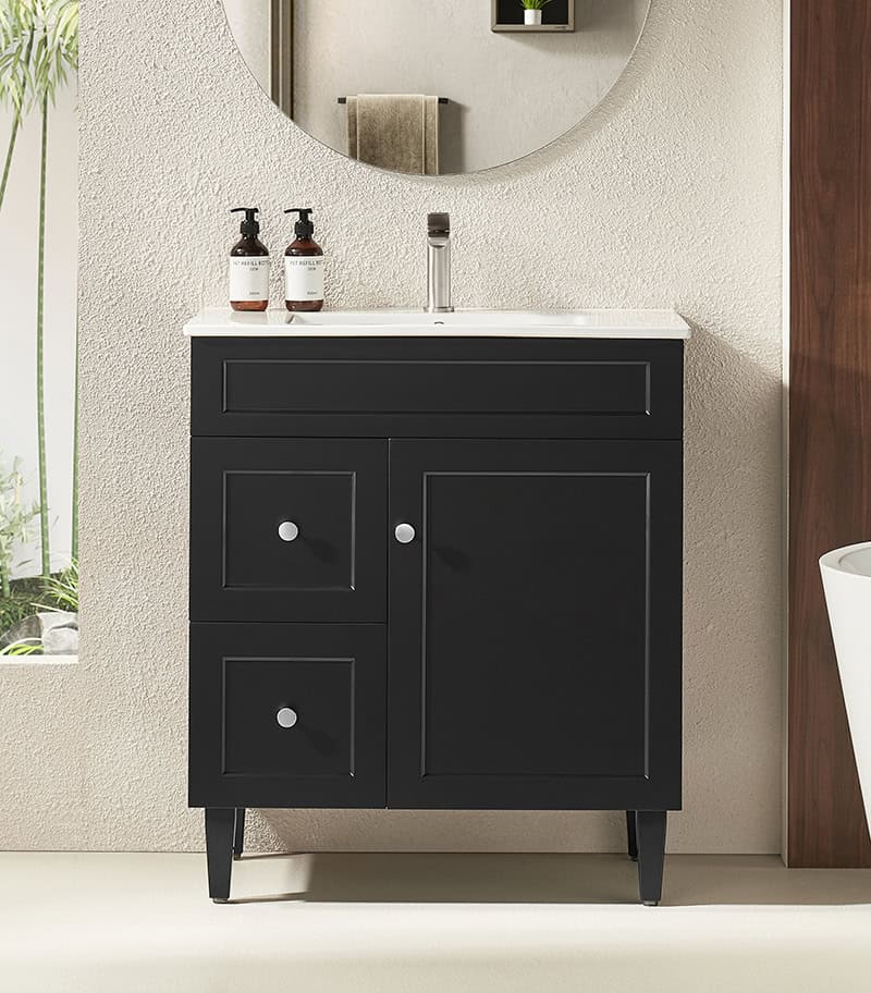 Harrington Matt Black 750mm PVC Freestanding Vanity Ceramic Top LH Drawers